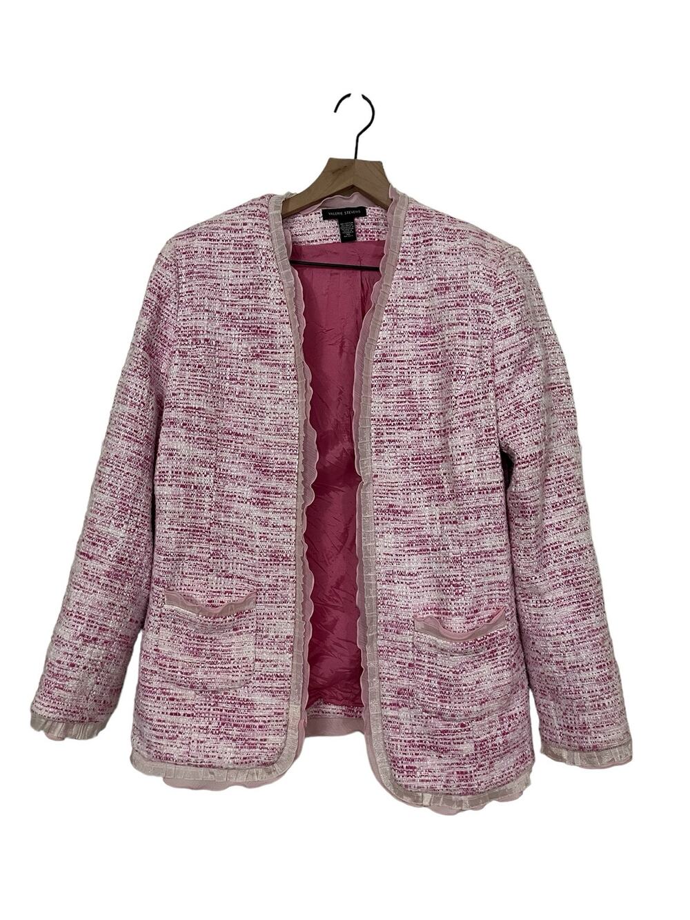 Valerie Stevens Womens Pink Tweed Ruffle Accent Open Blazer Size 10